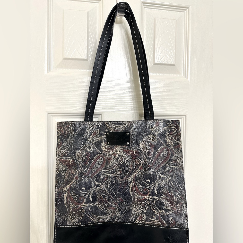 Patricia Nash Tooled Leather Tote Bag Floral Embossed Brown Black